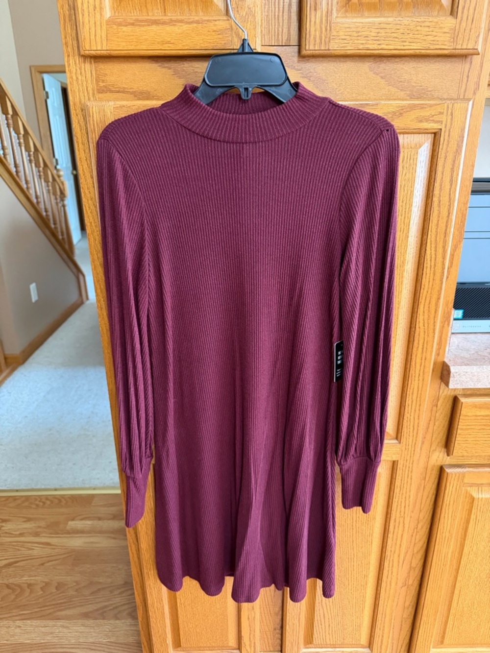 Express Ribbed Long Sleeve Swing Dress - Burgundy